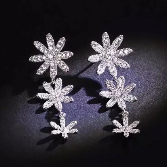 Jewelry - 14k Gold Diamonds Triple Flower Drop Earrings Sterling Silver